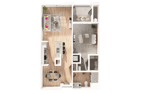 A floor plan of a small apartment with a kitchen, living room, and bathroom.